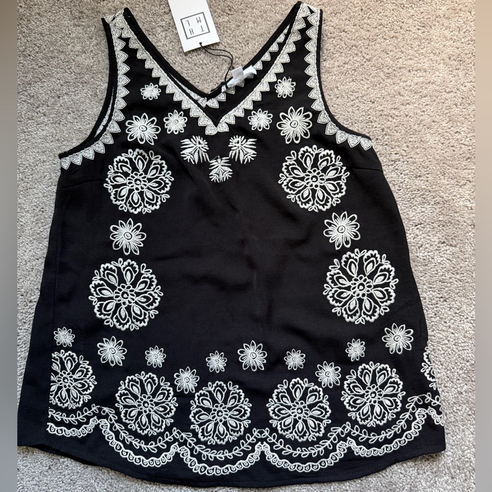 THML Black Tank Top with White Embroidery
